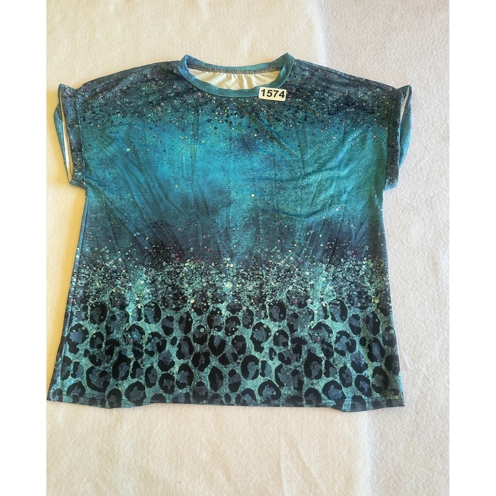 Emery Rose Womens Large L Teal Blue Leopard Glitter Print Ombre Short Sleeve Top